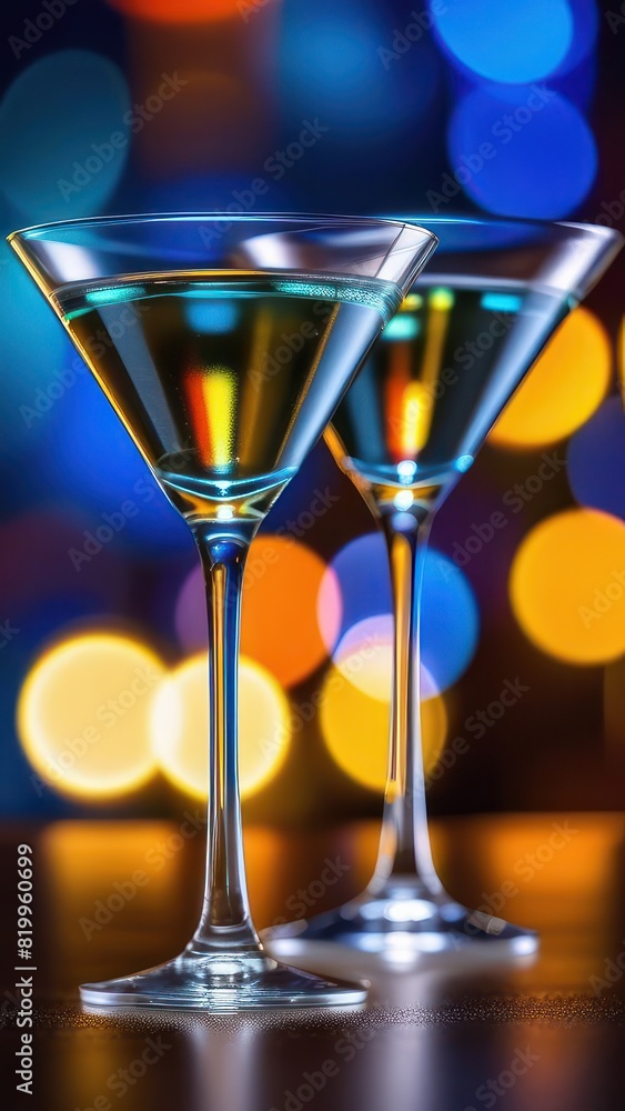 A pair of martini glasses filled with a clear beverage, set against background of cool, out-of-focus lights. scene exudes chic and sophisticated atmosphere, ideal for nightlife and celebration themes A pair of martini glasses filled with a clear beverage, set against background of cool, out-of-focus lights. scene exudes chic and sophisticated atmosphere, ideal for nightlife and celebration themes