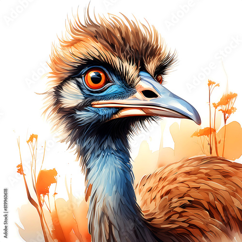 Australian Emu head close up, watercolor illustration 