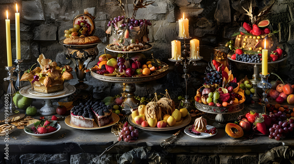 Ornate Medieval Dessert Spread Lavish Cakes Exotic Fruits Stone Table Goblets Candles Ornate Medieval Dessert Spread Lavish Cakes Exotic Fruits Stone Table Goblets Candles