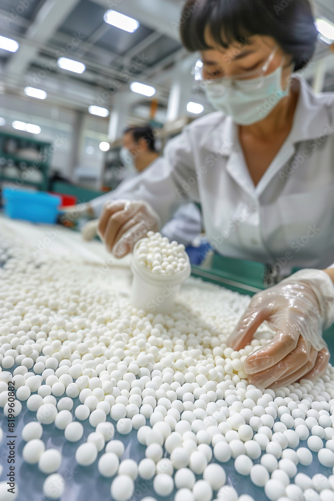 Factory workers mold bioplastic pellets into eco-friendly containers in a modern manufacturing facility.