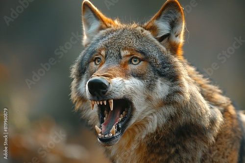 A wolf yawning and teeth in view, high quality, high resolution photo