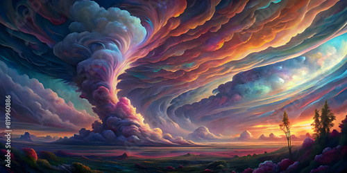 Imagine a world where tornadoes are not just destructive forces, but also a beauty. Watch as they paint the sky with a kaleidoscope of colored clouds, each one more breathtaking than the last. photo