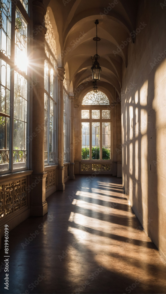 Bright hallway with sunlight streaming through its pillars.