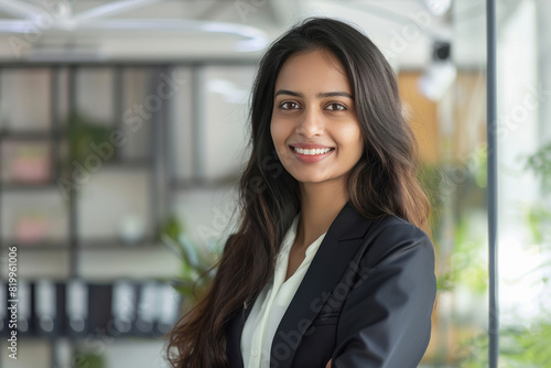young indian businesswoman standing confidantly