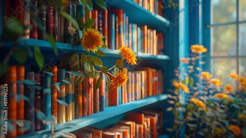 A photo of bookshelves in a library with a depth blur effect and an orange and blue color scheme. showcasing various sizes and styles of books with detailed textures of paper pages and cover designs.  photo
