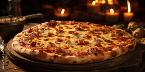 Baked pizza with melted cheese and toppings, illuminated by candlelight for a cozy ambiance