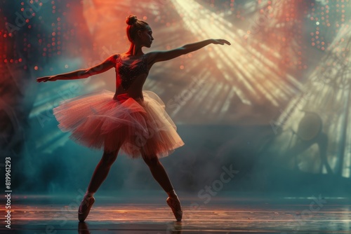 Young female ballerina performs on stage. Copy space for text