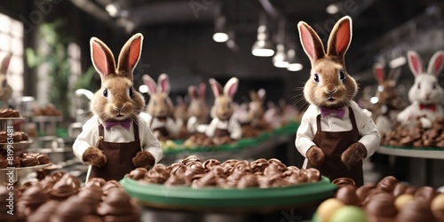  whimsical chocolate factory where bunnies are making Easter treats for easter holiday celebration