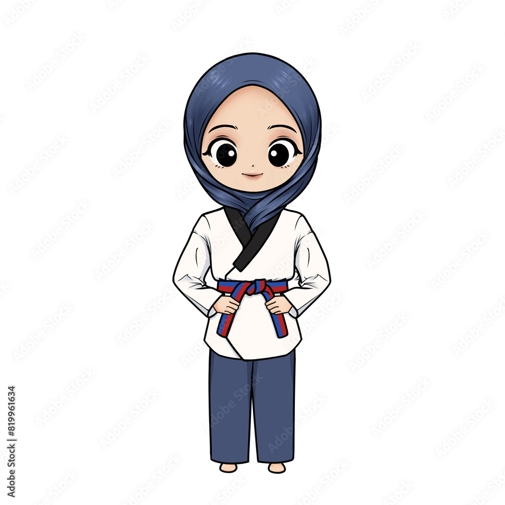 illustration of a taekwondo girl wearing a uniform and hijab with a blue red belt on a transparent background illustration of a taekwondo girl wearing a uniform and hijab with a blue red belt on a transparent background