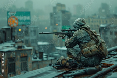 Professional sniper killer on a building photo