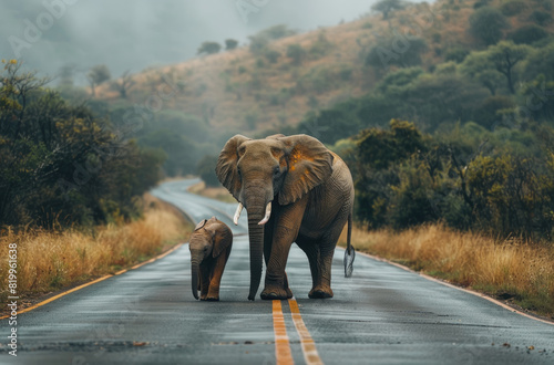 A mother elephant and her calf walk along the road in an African wildlife park, with lush green vegetation on both sides of their path