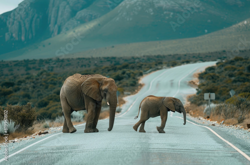 A mother elephant and her calf walk along the road in an African wildlife park  with lush green vegetation on both sides of their path