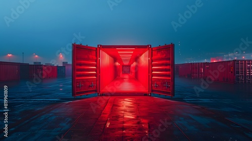 A red shipping container with its doors open, showcasing the empty space inside for cargo or products to be loaded and trunked by sea.
