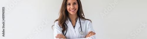 A confident female doctor is smiling with her arms crossed. She is a medical professional in a white coat with a stethoscope, providing healthcare services and patient care in a hospital setting