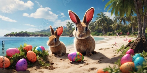  Bunnies exploring a tropical island filled with Easter surprises celebration  photo