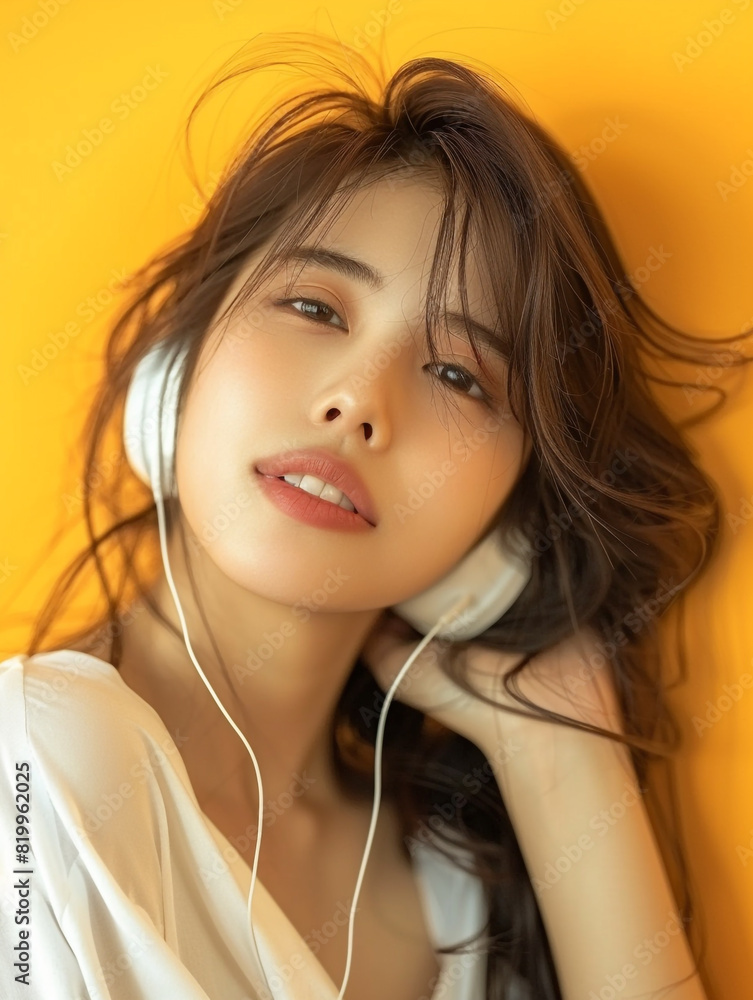 Portrait of an Asian woman with headphones on, enjoying music against a vibrant background. She appears relaxed and content. Portrait of an Asian woman with headphones on, enjoying music against a vibrant background. She appears relaxed and content.
