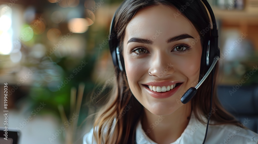 A smiling female customer service officer wearing a headset, looks at the camera and talks to her client in a call center office with a blurred background.
A smiling female customer service officer wearing a headset, looks at the camera and talks to her client in a call center office with a blurred background.