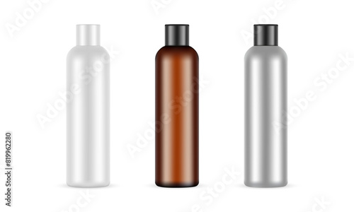 Set Of Tall Cosmetic Bottles, Plastic, Amber, Metallic Mockups, Isolated on White Background. Vector Illustration