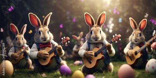   band of bunnies playing joyful music with Easter egg instruments holiday celebration  photo