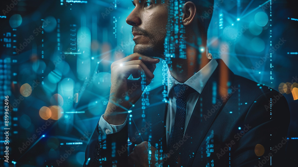 Businessman deep in thought with a background of financial charts Businessman deep in thought with a background of financial charts