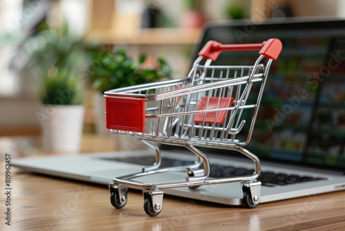 supermarket trolley and laptop, shopping in online store concept