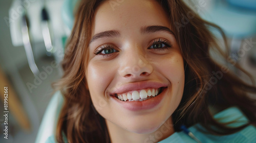 Happy young girl sitting in a dental chair at the clinic