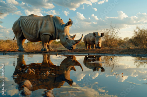 A mother white rhino and her calf at the watering hole