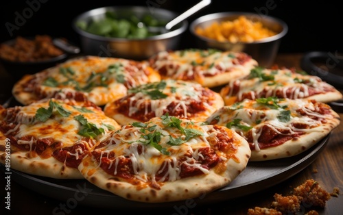 Mini pizzas with molten cheese and fresh herbs on a dark plate, sides in the backdrop