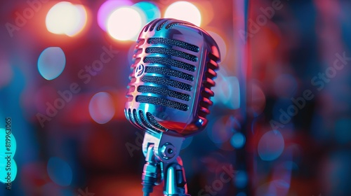A vintage microphone with colorful lights in the background, symbolizing retro music and comedy events. 