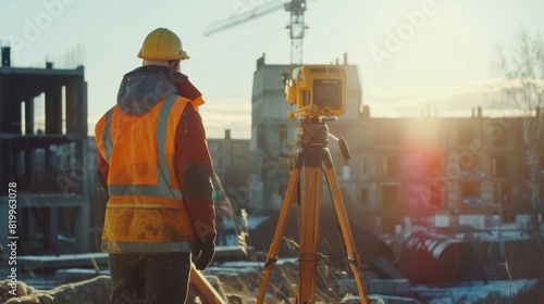 Surveyor builder Engineer with theodolite transit equipment at construction site outdoors during surveying work photo
