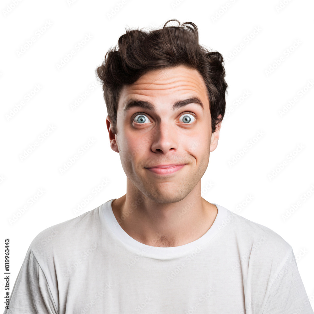 Smiling man with surprised and shocked expression, isolated on transparent background Smiling man with surprised and shocked expression, isolated on transparent background
