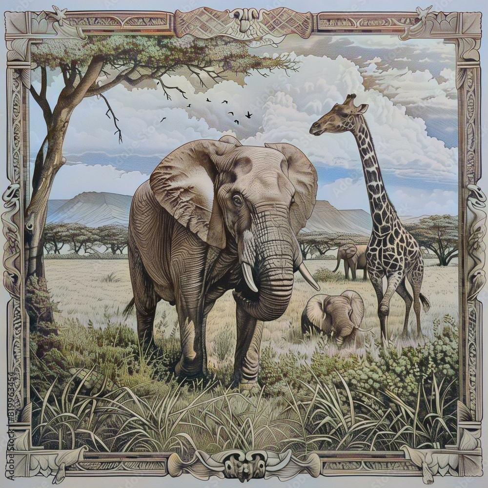 Fototapeta premium Copperplate illustrations depicting wild animals.