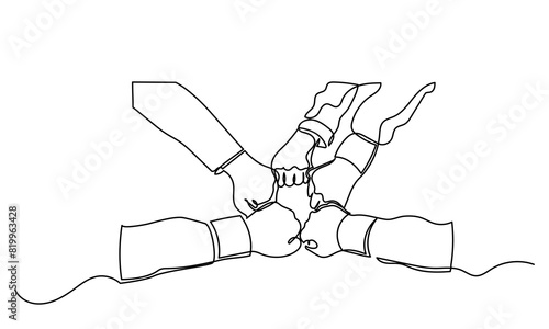 Continuous line drawing of business people Top view of people
unites their hands together. business people teamwork hand together Business cooperation and Joining People Community concept.
