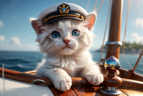 cute kitten captain of a ship at sea, summer vacation photo