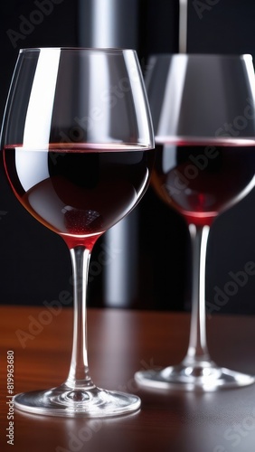 Two wine glasses filled with red wine on a wooden table against a dark background. The glasses are elegantly shaped, and the deep red wine creates a sophisticated and luxurious atmosphere