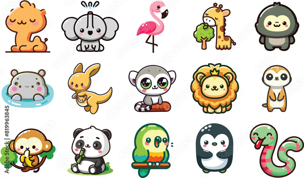 Cute Zoo Animals Vector Set 15 Kawaii Drawings Cute Zoo Animals Vector Set 15 Kawaii Drawings