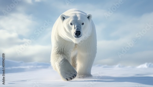 Polar bears walks in extreme winter weather, standing above snow with a view of the frost mountains