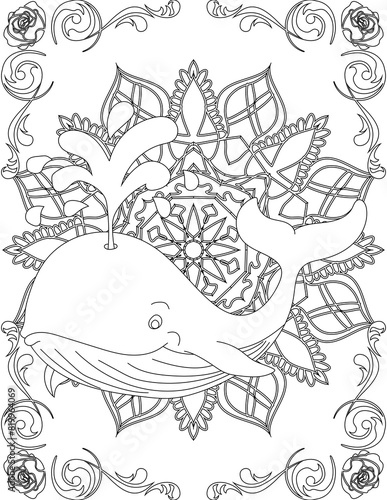Whale on Mandala Coloring Page. Printable Coloring Worksheet for Adults and Kids. Educational Resources for School and Preschool. Mandala Coloring for Adults © AhmedSherif