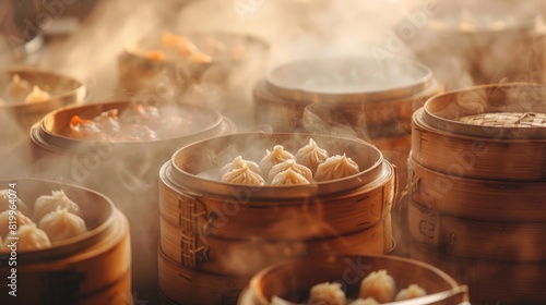 Chinese dim sum variety in bamboo steamers close up, Chinese cuisine theme, whimsical, silhouette, teahouse backdrop photo