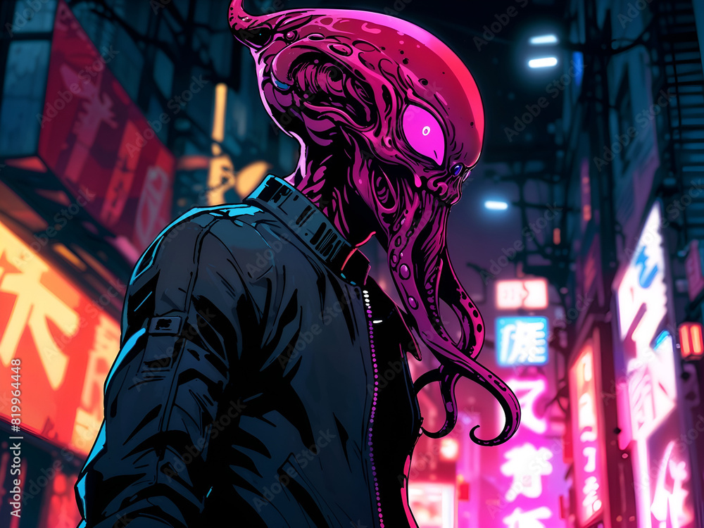 Bathed in a sinister crimson light, the tentacled alien looms in the shadows, its mesmerizing allure enhanced by the eerie glow. 