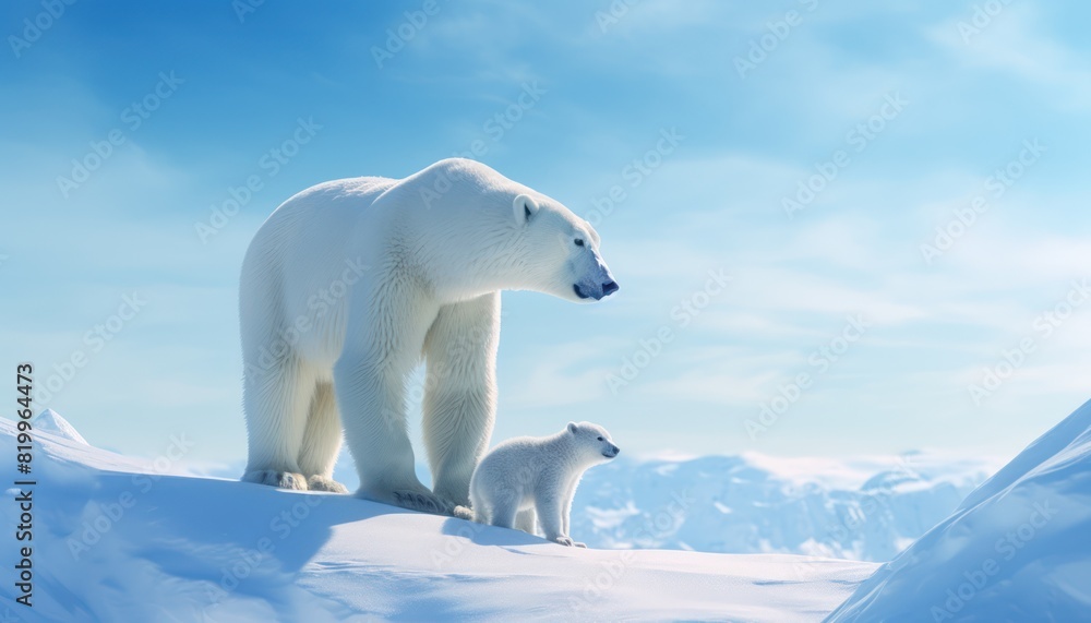 Polar bears walks in extreme winter weather, standing above snow with a view of the frost mountains Polar bears walks in extreme winter weather, standing above snow with a view of the frost mountains