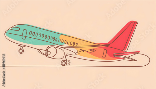 Colorful airplane with continuous one line style on digital art concept.
