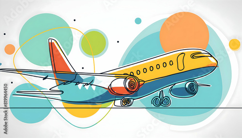 Colorful airplane with continuous one line style on digital art concept.
