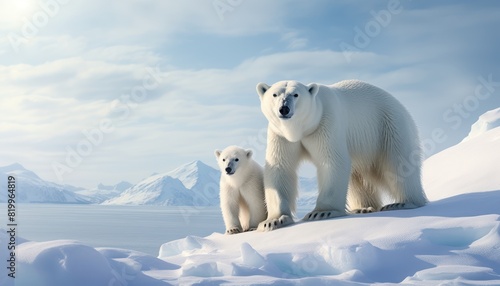 Polar bears walks in extreme winter weather, standing above snow with a view of the frost mountains