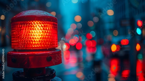 A red emergency siren light flashing on a city street, with a blurred background. A macro shot effect and bokeh effect. 