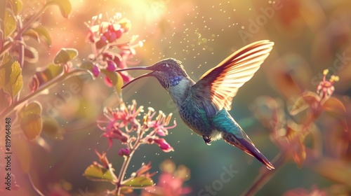 A hummingbird is hovering in front of a flower. 