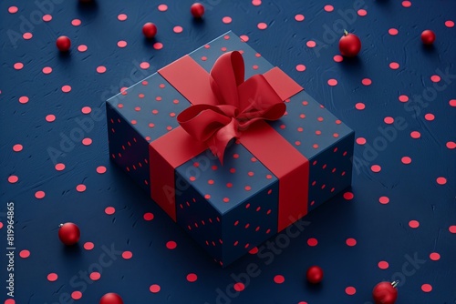 Depicting a box on blue background with red ribbon on top, high quality, high resolution