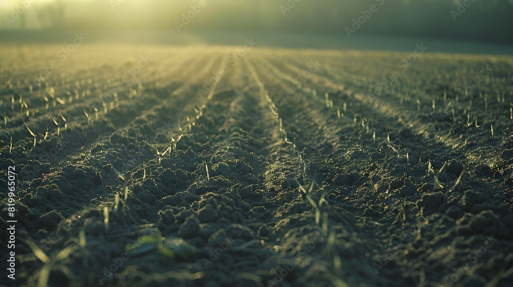 Fototapeta premium Sprouting Seeds in Spring Fields: A Cinematic Morning of Growth and Vitality