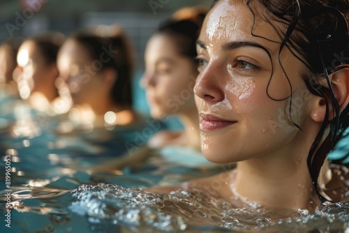 Group of women on aqua aerobics in swimming pool
