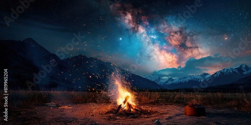 Bonfire with sparks flying in the air, night sky with mountains in the background with copy space. photo